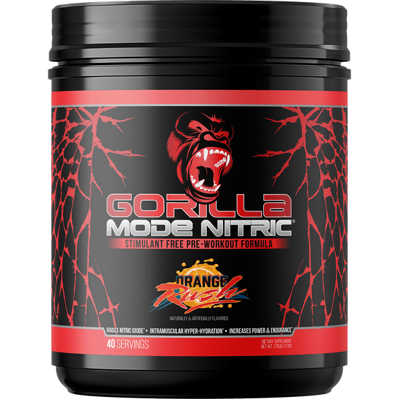 Gorilla Mode Nitric Upgraded Stimulant Free Pre-Workout Powder, Orange Rush, 1.7 lbs
