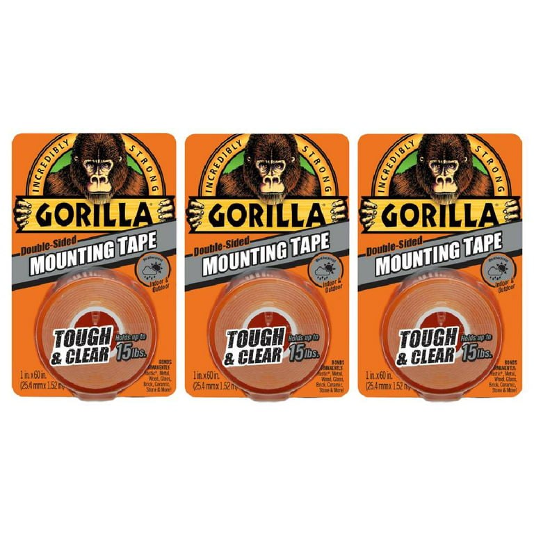 Gorilla Mounting Tape Double Sided Adhesive Roll Strong 1 in x 60 in Clear,  3-Pack 