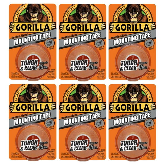 Gorilla Mounting Tape Double Sided Adhesive Roll Strong 1 x 60 in Clear, 6-Pack