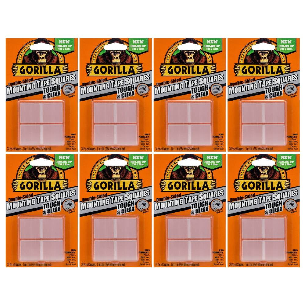 Gorilla Mounting Tape Squares Pre-Cut 1 in Double Sided Adhesive 24 Count  Clear, 8-Pack