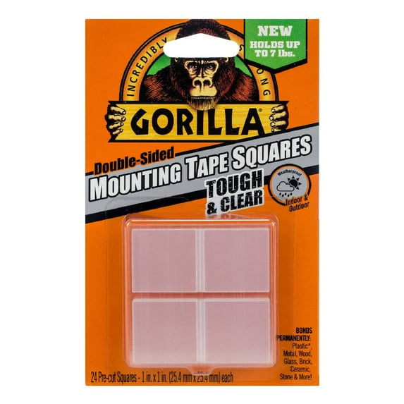 Gorilla Mounting Tape Squares Pre-Cut 1 in Double Sided Clear 24 Squares, 2 Pack