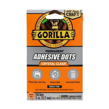 Gorilla Permanent Adhesive Dots, Double-Sided, 150 Pieces, 0.5" Diameter, Clear, (Pack of 1), New