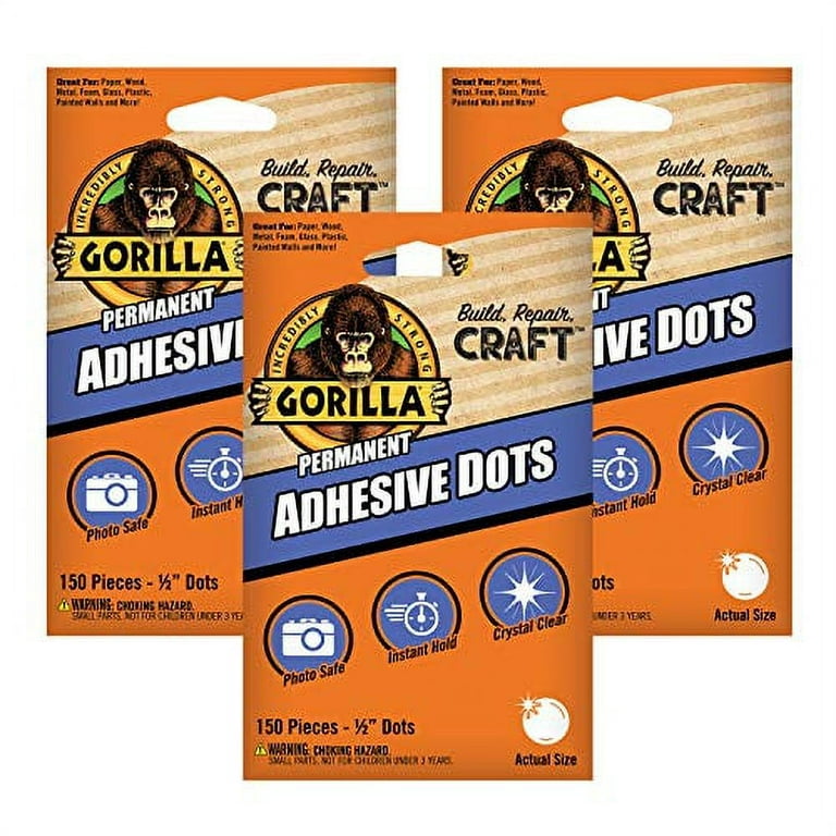 Gorilla Permanent Adhesive Dots, Double-Sided, 150 Pieces, 0.5 Diameter, Clear, (Pack of 3)
