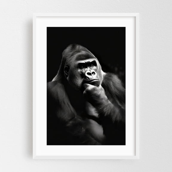 Gorilla - Photography Wildlife Black and White Animal Portrait Nature Moody White Framed Wall Art Print 16 x 24 inches