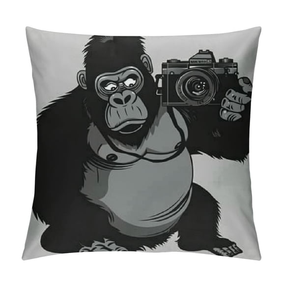 Gorilla Pillow Sham, Hipster Chimpanzee Monkey Listening Music Face Furry Cartoon Character, Decorative Standard King Size Printed Pillowcase, White Black Grey