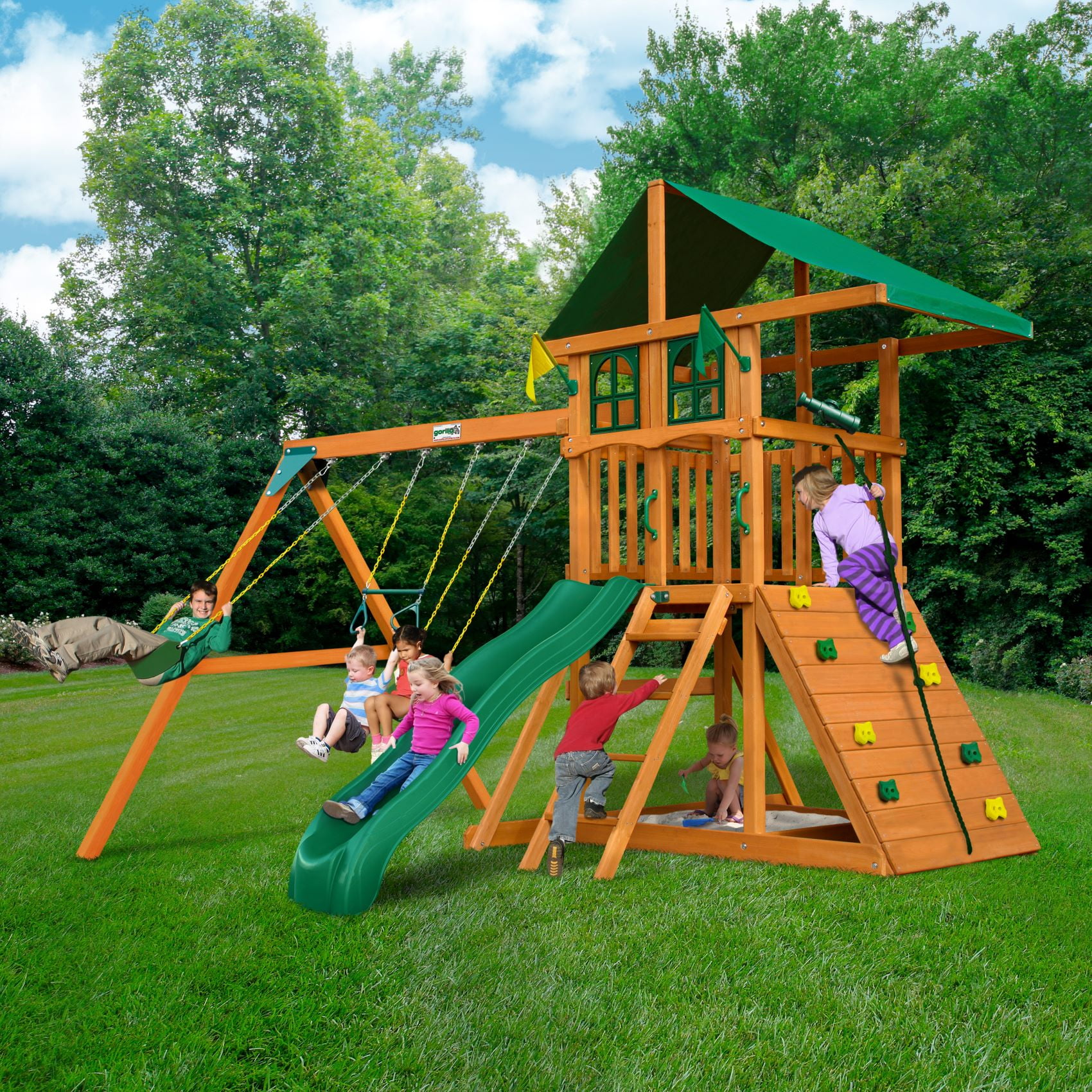 Gorilla Playsets Avalon Treehouse Kids Playground Backyard Wood Swing Set with Climbing Wall