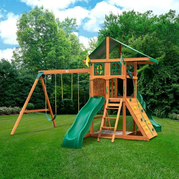 Gorilla Playsets 01-1089 Avalon Treehouse Swing Set with Oversized Green Vinyl Canopy Roof, Twister Tube Slide, Climbing Wall, Ladder, Swings and Slide