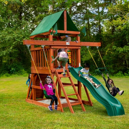 Gorilla Playsets 01-1102 Five Star II Space Saver Wooden Play Tower with Slide, Swings, Climbing Wall, and Tarp Roof