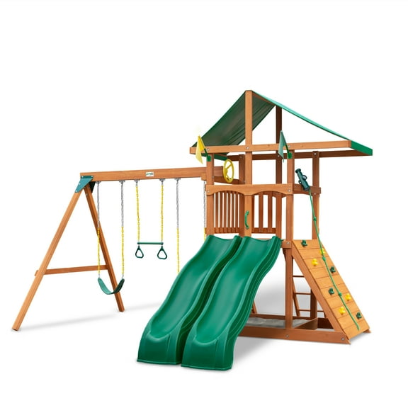 Gorilla Playsets Avalon 01-1085 Wood Swing Set with Vinyl Canopy, Dual Alpine Slides, and Rock Wall, Amber
