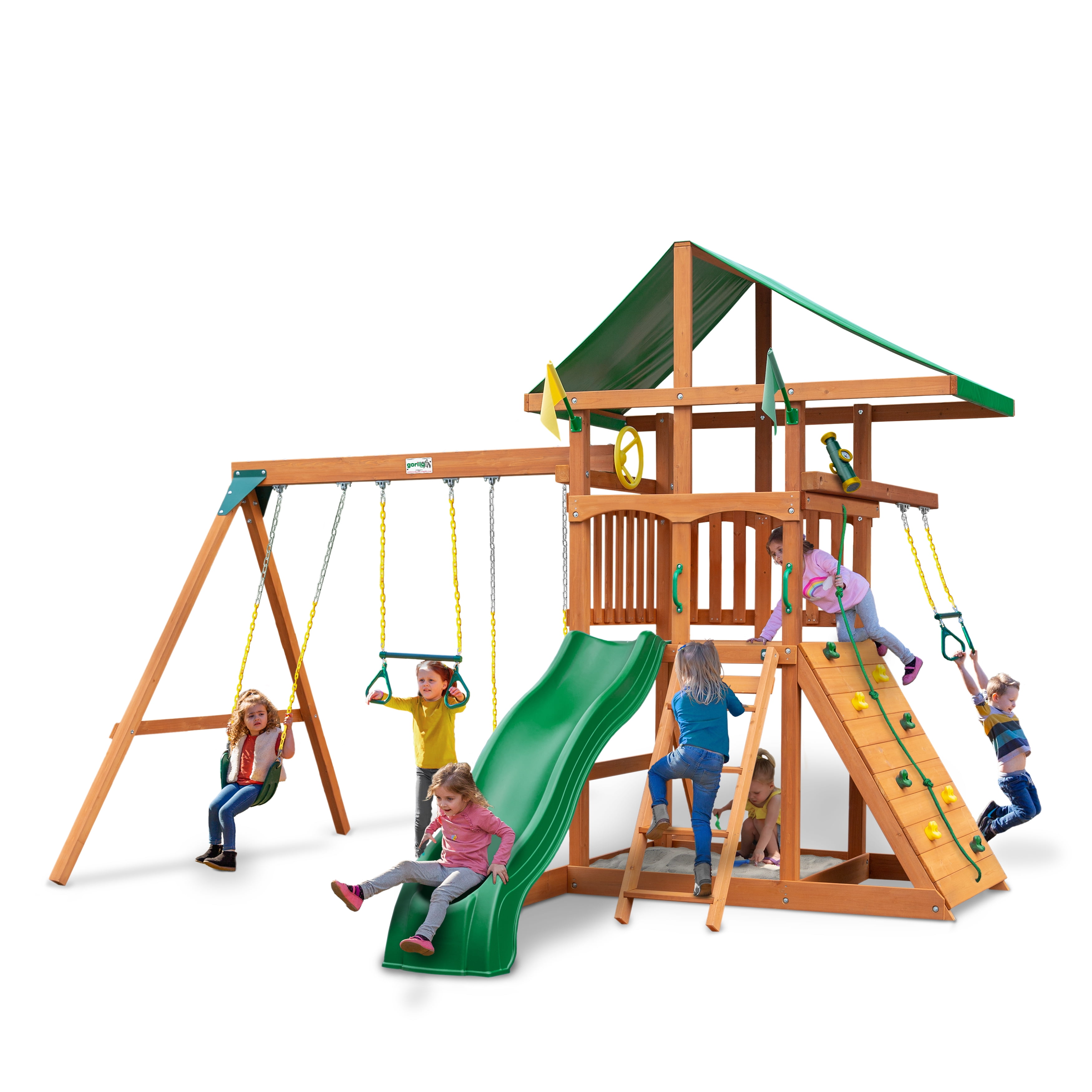 Amber Stained Cedar Wood Swing Set with Canopy Roof and Trapeze Arm