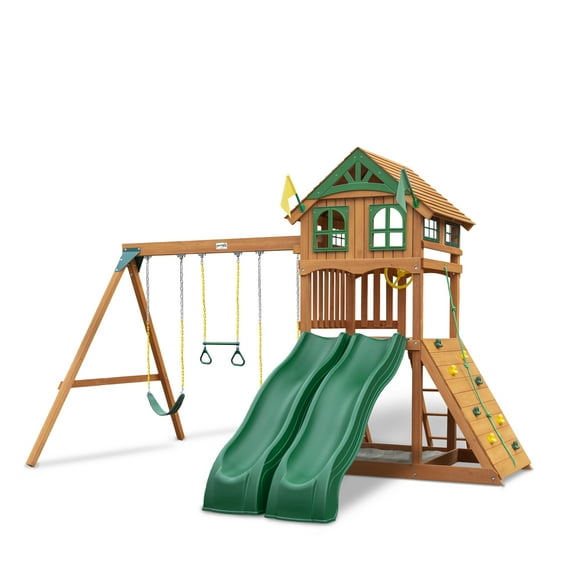 Gorilla Playsets Avalon Swing Set with Wood Roof, Dual Slides and Climbing Rock Wall, Amber