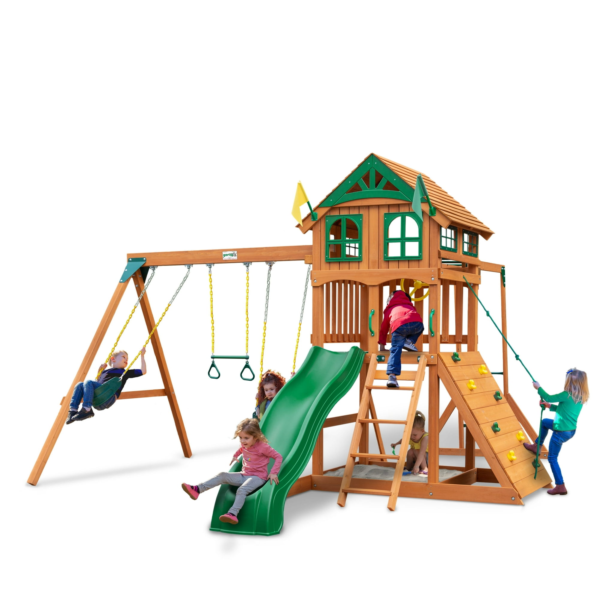 Gorilla Playsets Avalon Wooden Swing Set with Wood Roof, Monkey Bars, Climbing Wall and Wave Slide