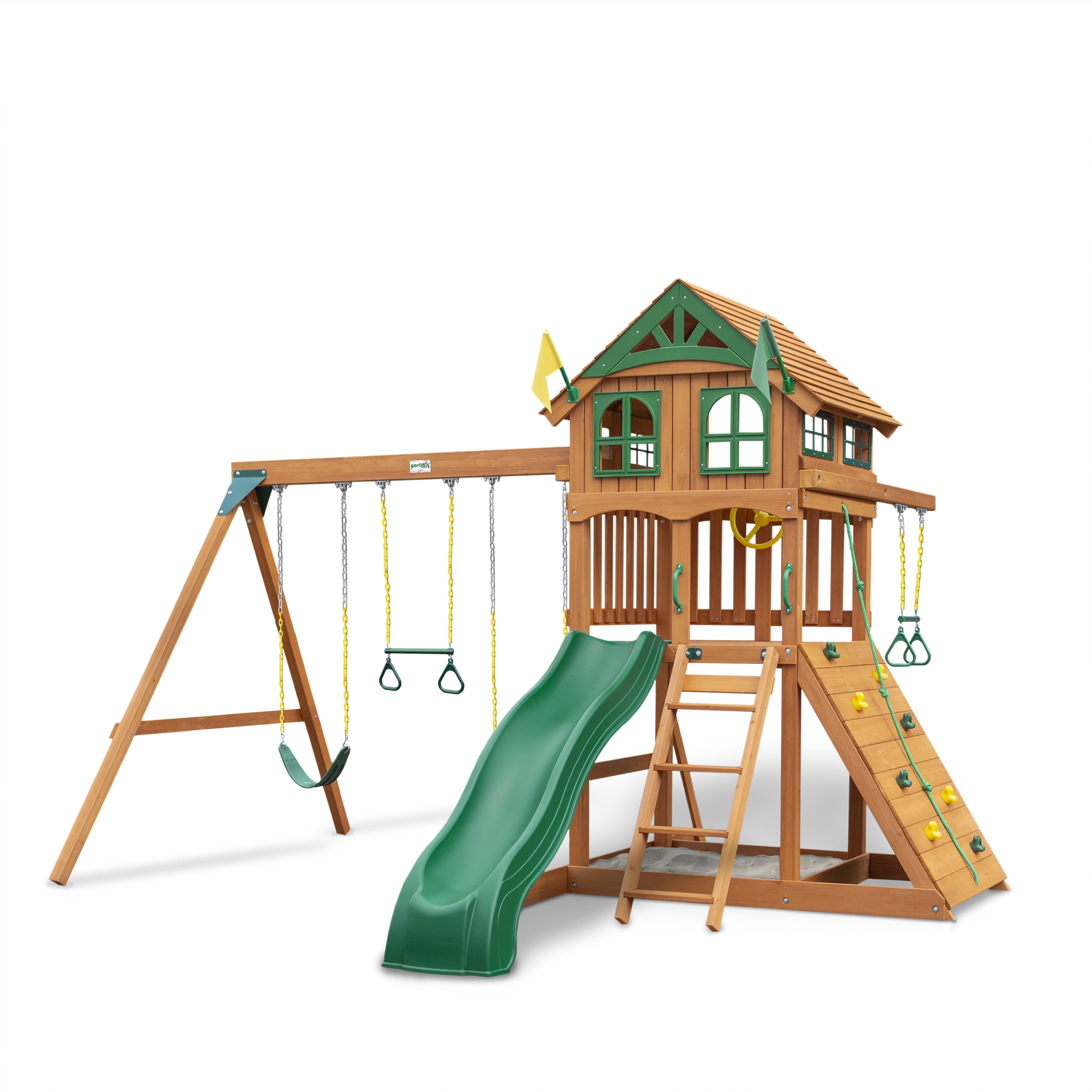 Avalon Cedar Wood Swing Set with Green Slide and Fort