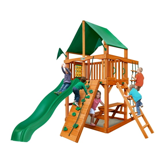 Gorilla Playsets Chateau Tower Wooden Playset with Green Vinyl Canopy, Rope Ladder, and Rock Climbing Wall
