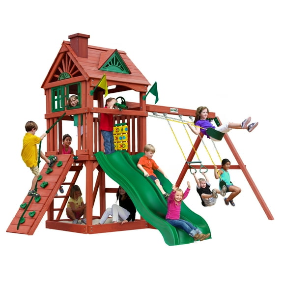Gorilla Playsets Double Down II Wooden Swing Set with 2 Slides, Built-in Sandbox Area, and Accessories