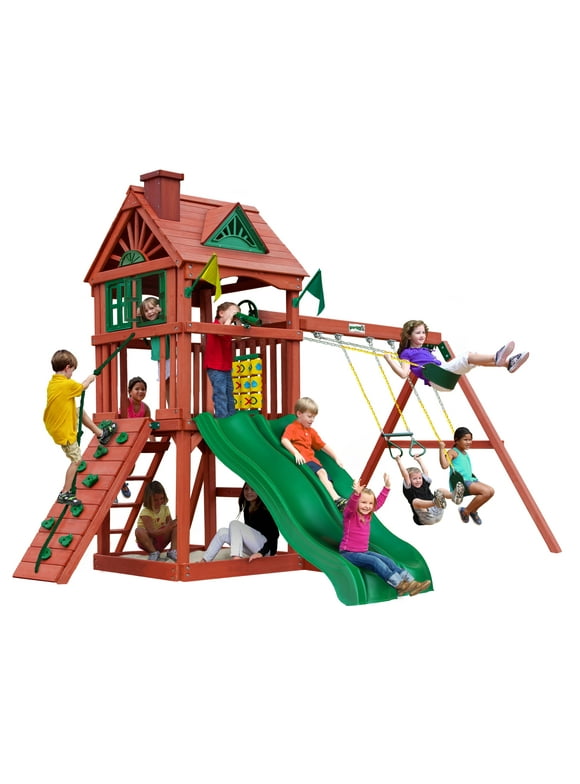 Gorilla Playsets Double Down II Wooden Swing Set with 2 Slides, Built-in Sandbox Area, and Accessories