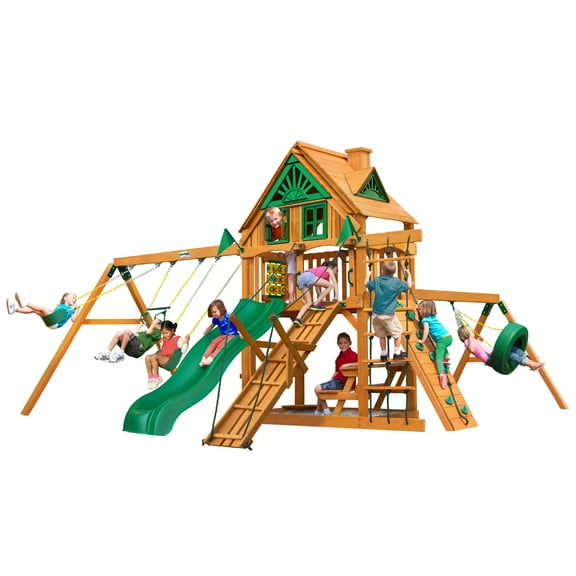 Gorilla Playsets Frontier Treehouse Wooden Swing Set with Tire Swing, 2 Belt Swings, and Trapeze Bar