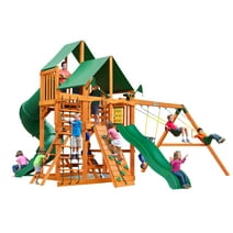 Gorilla Playsets Great Skye I Wooden Swing Set with Green Vinyl Canopy, 2 Slides, and Rope Ladder