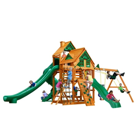 Gorilla Playsets Great Skye II Treehouse Wooden Swing Set with 2 Swing Belts, 3 Slides, and Rope Ladder