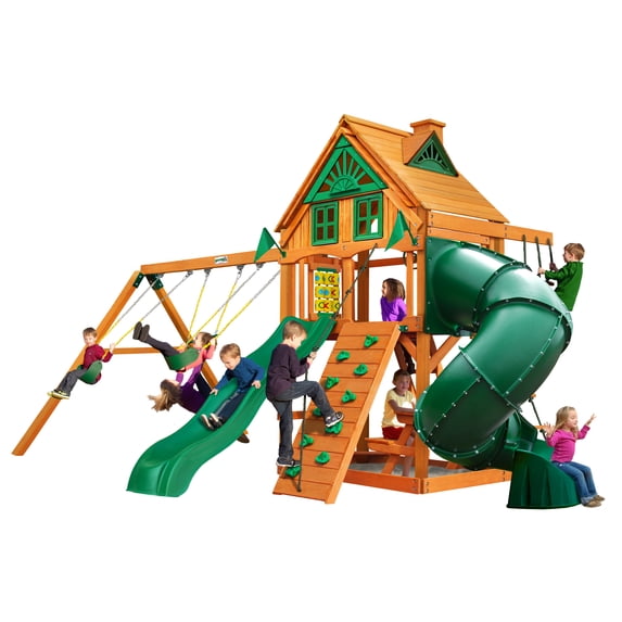 Gorilla Playsets Mountaineer Treehouse Wooden Swing Set with Tube Slide, Rope Ladder, and Sandbox
