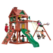 Gorilla Playsets Nantucket II Wooden Swing Set with 2 Belt Swing, Trapeze Bar, and Working Shudders