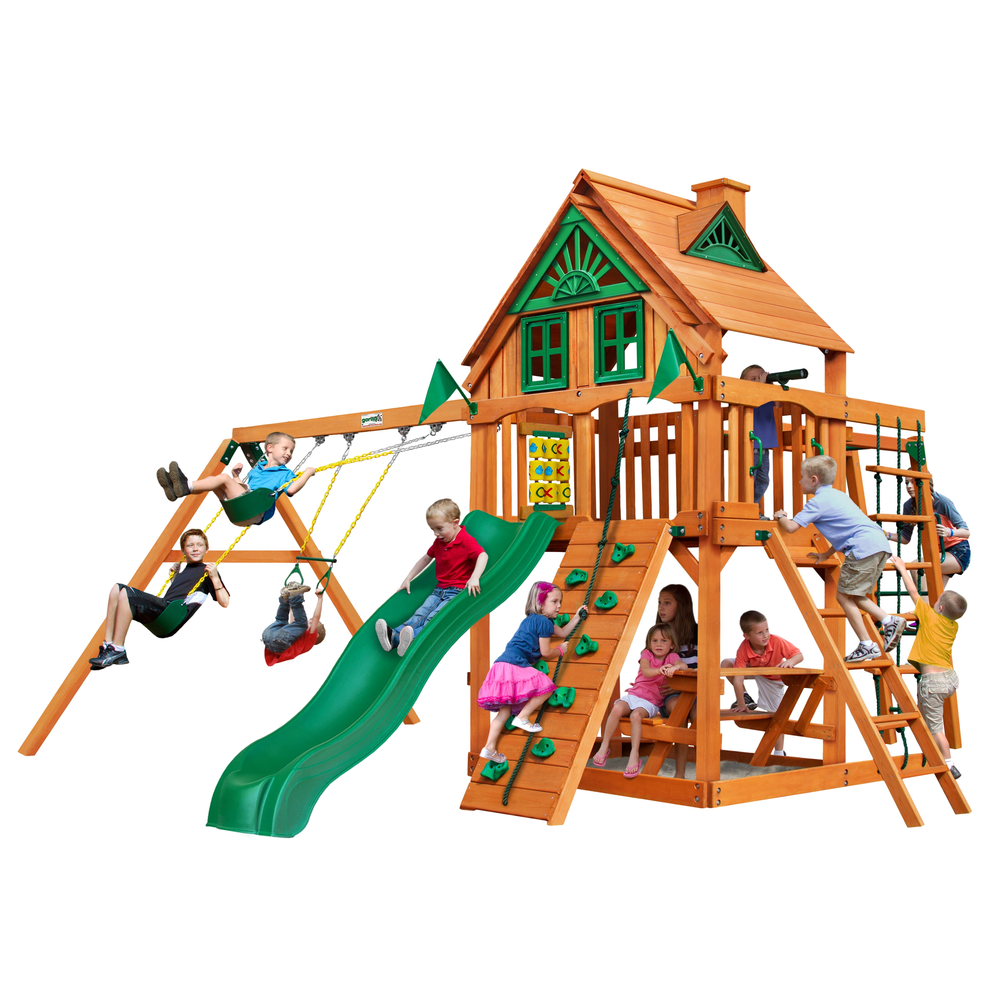 Gorilla Playsets Navigator Treehouse Wooden Swing Set with Monkey Bars