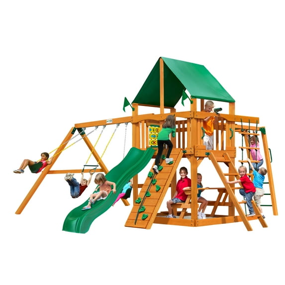 Gorilla Playsets Navigator Wooden Swing Set with Green Vinyl Canopy, Monkey Bars, and Rock Climbing Wall
