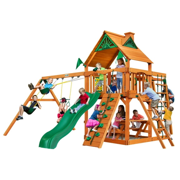 Gorilla Playsets Navigator Wooden Swing Set with Monkey Bars, Built-in Picnic Table, and Swing Set Accessories