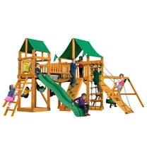 Gorilla Playsets Pioneer Peak Wooden Swing Set with Green Vinyl Canopy, Clatter Bridge and Tower, and Tire Swing