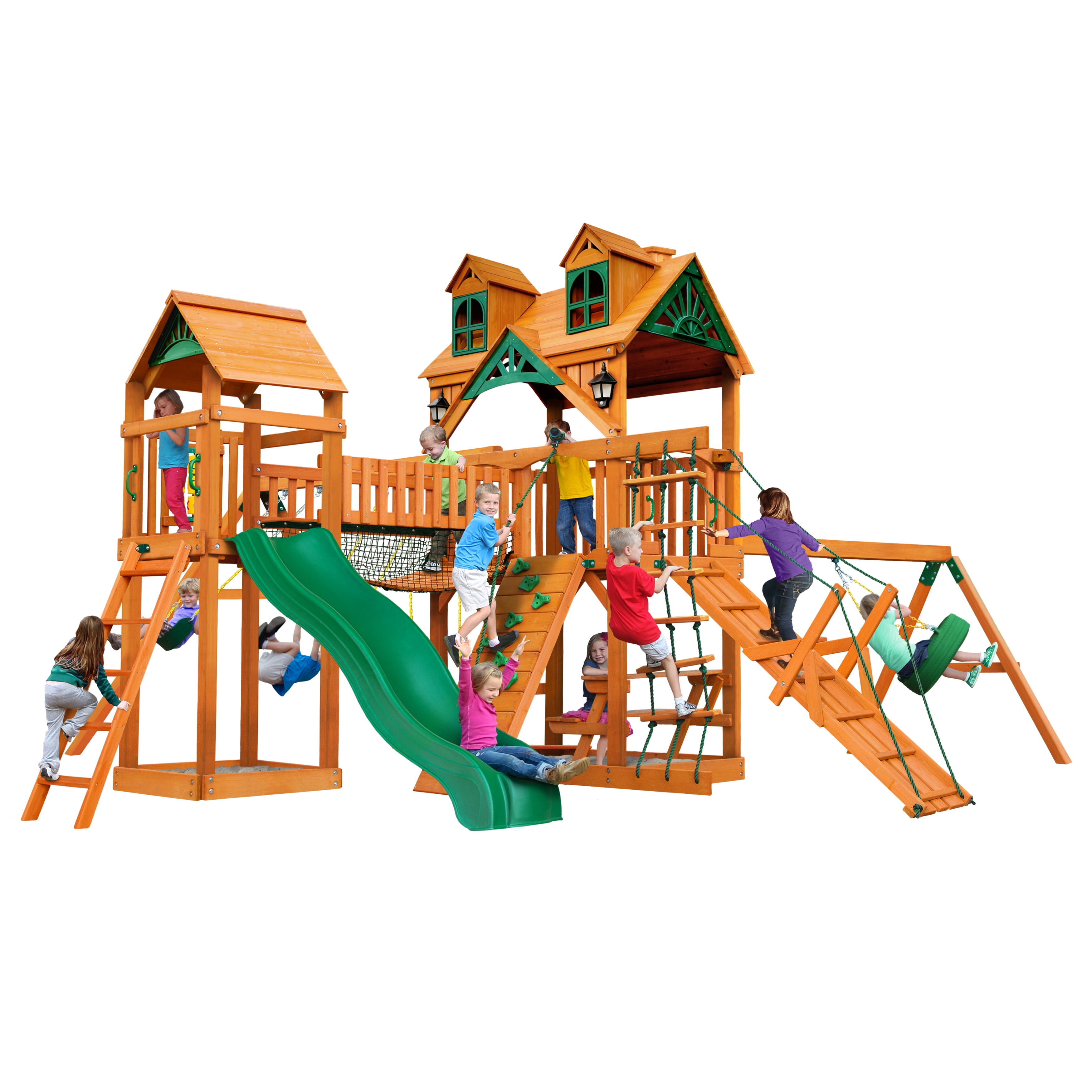 Gorilla Playsets Pioneer Peak Wooden Swing Set with Malibu Wood Roof, 2 Solar Wall Lights, and