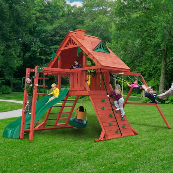 Gorilla Playsets Sun Palace Playset w Monkey Bars, Rock Wall & Turbo Tire Swing