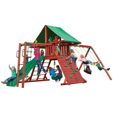 Gorilla Playsets Sun Valley II Wooden Swing Set with Monkey Bars, Tire Swing, and Green Vinyl Canopy