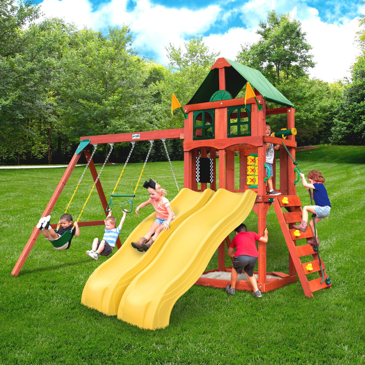Sweetwater Cedar Wooden Playset with Dual Yellow Slides and Swings