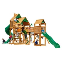 Gorilla Playsets Treasure Trove I Wooden Swing Set with 2 Slides, Rock Climbing Wall, and Clatter Bridge and Tower