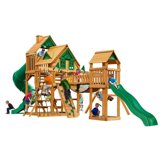 Gorilla Playsets Treasure Trove Treehouse Wooden Swing Set with 2 Belt Swings, Clatter Bridge and Tower, and 2 Slides