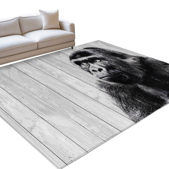 Gorilla Portrait 5x7ft Non Slip Area Rug Animal Minimalist Modern Wood Grain Washable&nbsp;Soft Area Rugs for Living Room, Indoor&nbsp;Circle Carpet for Bedroom Dining Room Kitchen