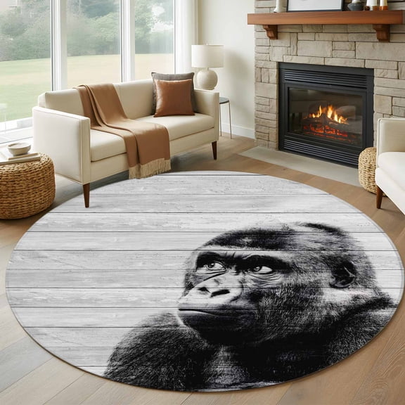 Gorilla Portrait 6FT Round Area Rugs for Living Room Animal Minimalist Modern Wood Grain Ultra-Thin Non-Slip Round Rugs Machine Washable Low Pile Circle Carpet for Bedroom Kitchen Nursery