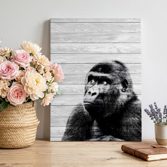 Gorilla Portrait Canvas Wall Art, Animal Minimalist Modern Wood Grain Pictures Wall Decor Wooden Framed Artwork Art Prints for Living Room Hallway Bedroom Office 8"x10"