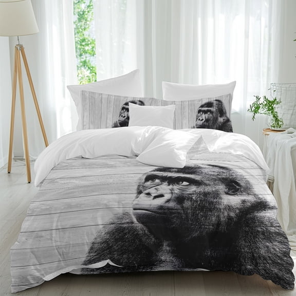 Gorilla Portrait Duvet Cover Set Full Size, Animal Minimalist Modern Wood Grain 4 Piece Soft Microfiber Bedding Set with Zipper Closure, 1 Comforter Cover, 1 Flat Sheet, 2 Pillowcases