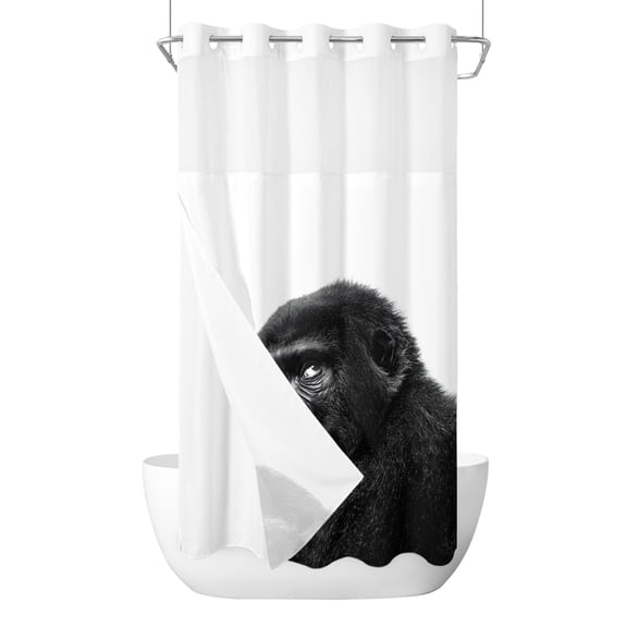Gorilla Portrait No Hook Shower Curtain with Snap in Liner, Animal Minimalist Modern Black White Waterproof Shower Curtains with See Through Top Window Liner for Bathroom, 36x72 Inches