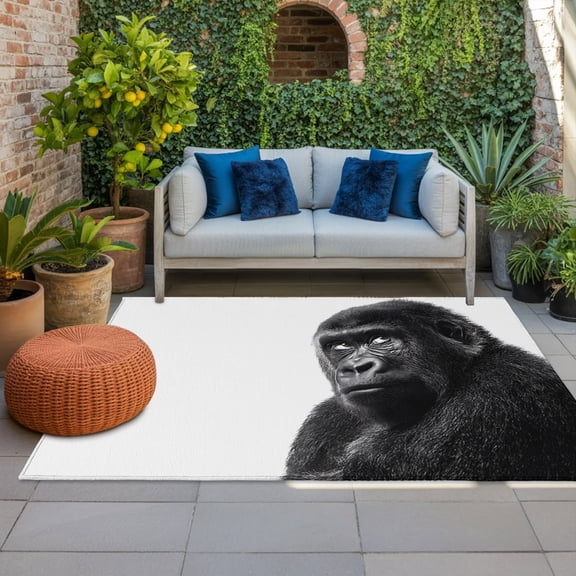 Gorilla Portrait Indoor Outdoor Rugs 3x5 Ft, Animal Minimalist Modern Black White Outdoor Patio Rugs Mat Washable Outside Area Rugs Carpet for Porch Deck RV Camping Pool Balcony Backyard
