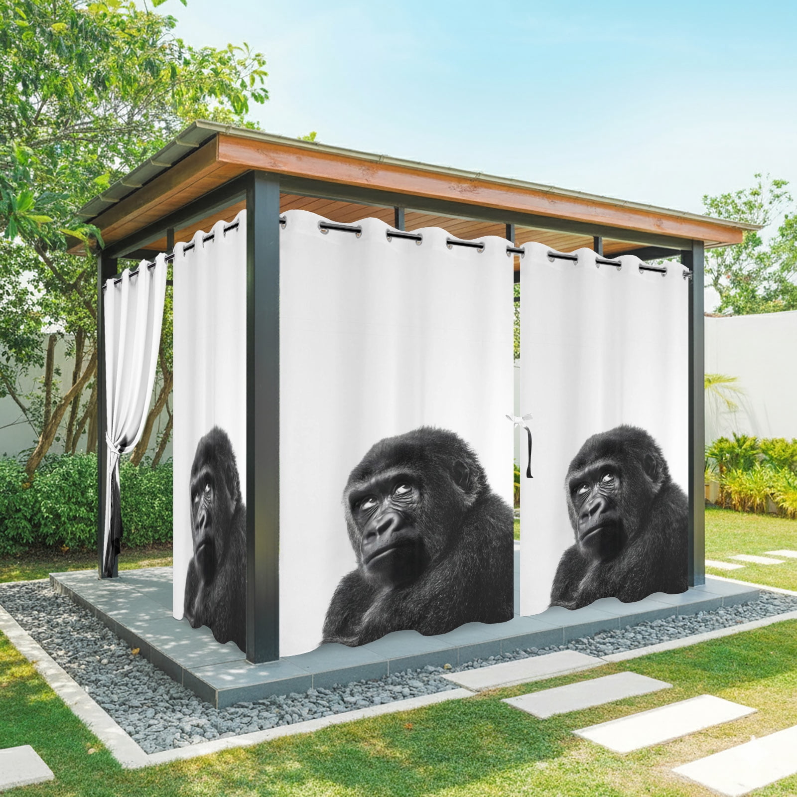 Gorilla Portrait Outdoor Curtains for Patio, Animal Minimalist Modern Black White Sunshade Privacy Drapes Grommet Waterproof Outside Curtains for Porch/Cabana/Balcony 54"x 108", 1 Panel