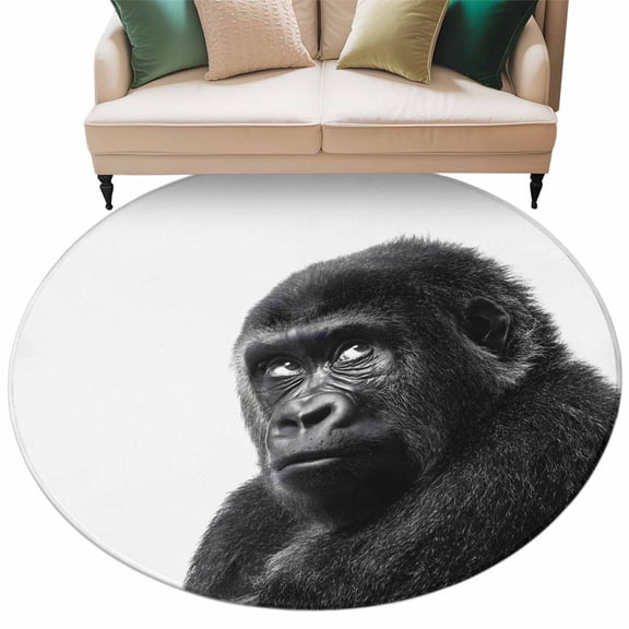 Gorilla Portrait Round Living Room Rugs 5 ft, Animal Minimalist Modern Black White Washable Area Rug with Non-Slip Sturdy Edge Binding Round Carpet for Entryway Kitchen Bedroom Bathroom
