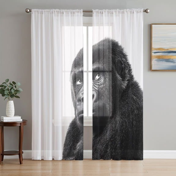 Gorilla Portrait Sheer Curtains for Living Room Bedroom, Animal Minimalist Modern Black White Light Filtering Sheer Curtain Rod Pocket Voile Window Treaments Drapes, 52 x 96 Inches