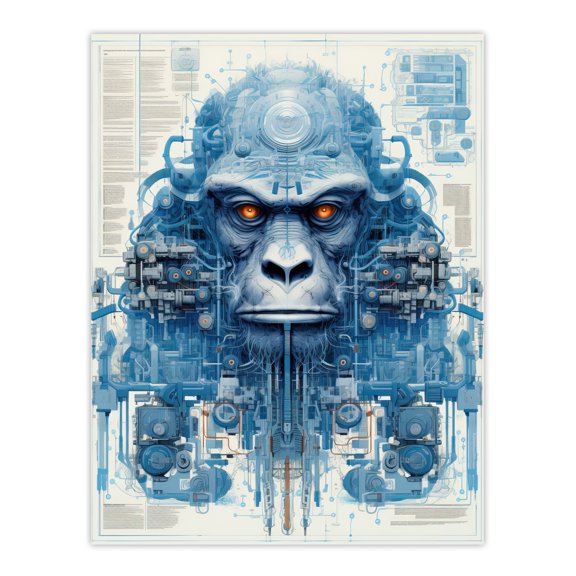 Gorilla Robot Hybrid Schematic Blueprint Futuristic Secret Complex Arcane Manuscript Gift For Him Man Cave Extra Large XL Wall Art Poster Print