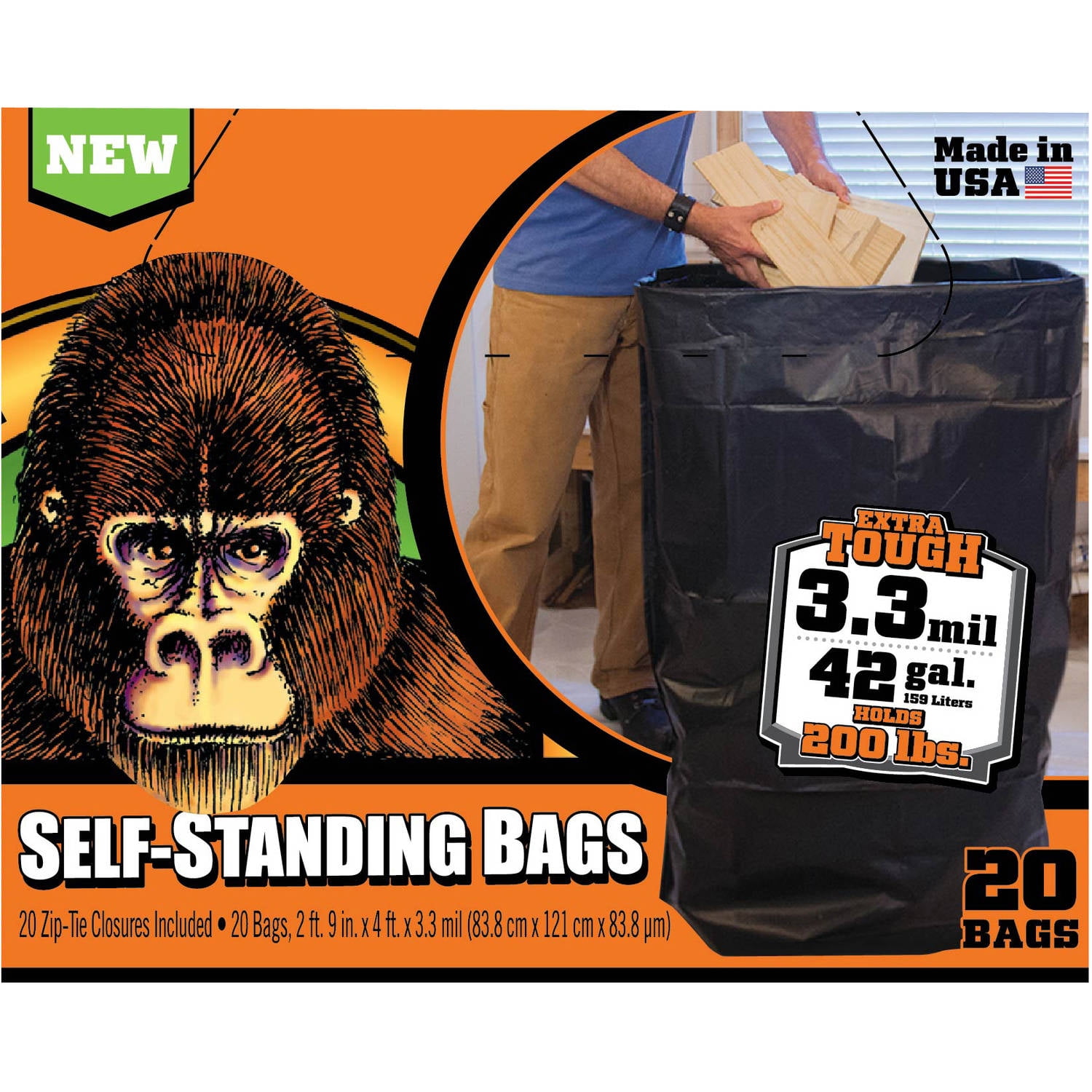Gorilla Self Standing Trash Bags 42 gal 20 count