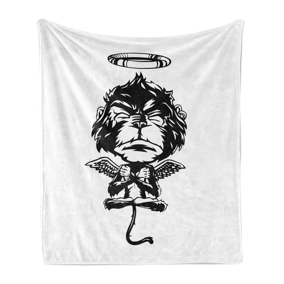 Gorilla Soft Flannel Fleece Blanket, Illustration of a Creative Angelic Monkey with Wings Furry Grumpy Creature, Cozy Plush for Indoor and Outdoor Use, 50" x 60", Charcoal Grey White, by Ambesonne