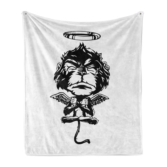 Gorilla Soft Flannel Fleece Blanket, Illustration of a Creative Angelic Monkey with Wings Furry Grumpy Creature, Cozy Plush for Indoor and Outdoor Use, 60" x 80", Charcoal Grey White, by Ambesonne