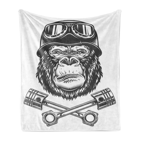 Gorilla Soft Flannel Fleece Blanket, Pattern of Vintage Style Serious Biker Orangutan Head with Goggles and Tools, Cozy Plush for Indoor and Outdoor Use, 50" x 70", Dark Grey White, by Ambesonne