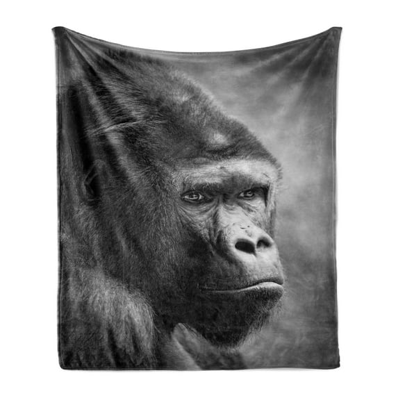 Gorilla Soft Flannel Fleece Throw Blanket, Close up Shot Portrait of an Orangutan in Greyscale Tones, Cozy Plush for Indoor and Outdoor Use, 50" x 60", Grey Pale Grey, by Ambesonne